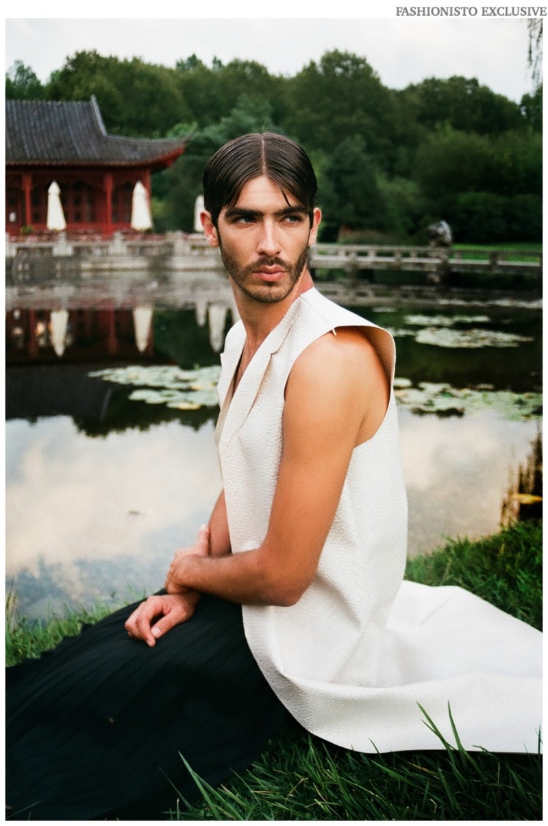 Daniel wears long vest Kevin Meunier, vintage kilt Commes des Garçon and leather pants Alexander Wang.