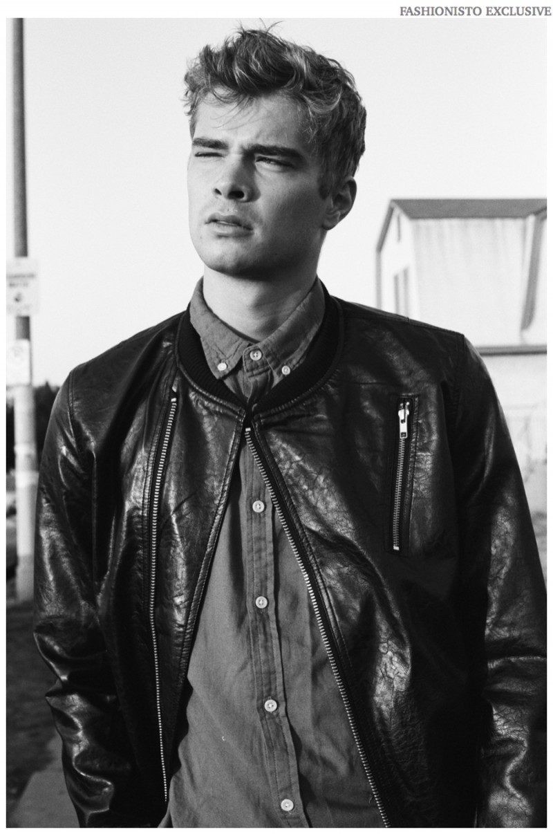 Frederik wears button-down Zanerobe and leather jacket Diesel.