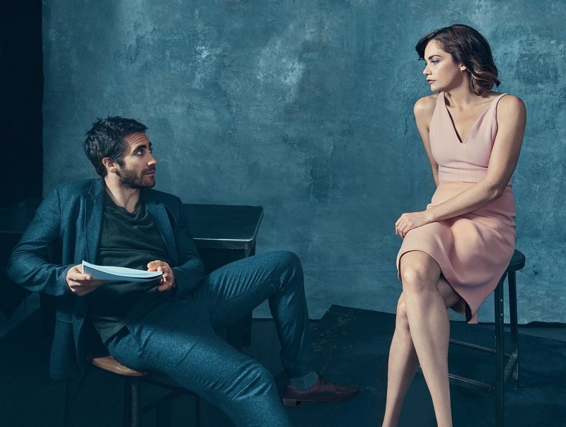 Promoting his stint on broadway in Constellations, actor Jake Gyllenhaal joins Ruth Wilson for a photo in the January 2015 issue of Vogue. Photographed by Norman Jean Roy, Gyllenhaal is pictured in a GAP t-shirt, paired with a Rag & Bone suit.