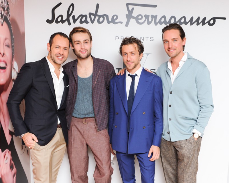 Salvatore Ferragamo creative director Massimiliano Giornetti poses for a group photo with Douglas Booth, Francesco Carrozzini and Alex Gilkes