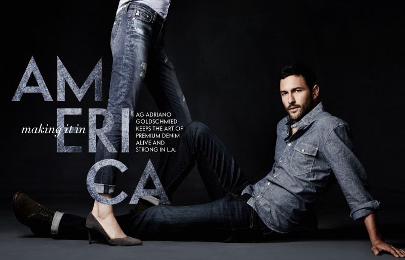 American model Noah Mills hits the studio to model a double-denim look from AG Adriano Goldschmied