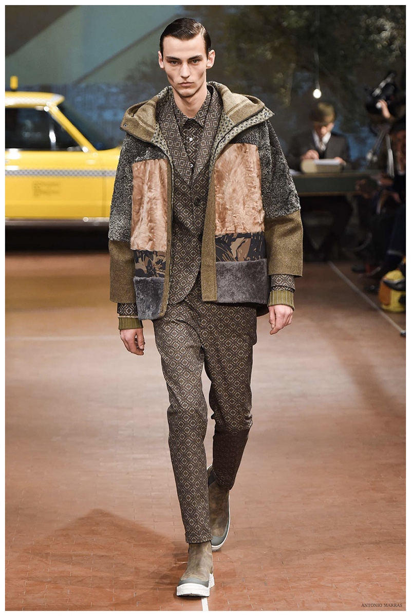 Antonio Marras Fall-Winter 2015 Menswear Collection. Designer Antonio Marras was inspired by the movie Taxi Driver for his fall collection. The iconic movie provided for a smart selection of separates, which highlighted pieces like patchwork jackets, combining various materials and colors for an interesting take on the season.