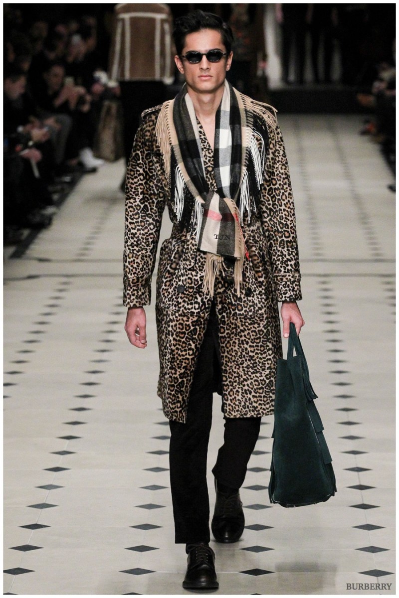 Burberry Prorsum Fall-Winter 2015 Menswear Collection. Christopher Bailey has created a legacy at Burberry, dressing up the famed British fashion house's classic outerwear designs with intricate prints and colors. For fall, Bailey embraces animal prints for an injection of attitude.