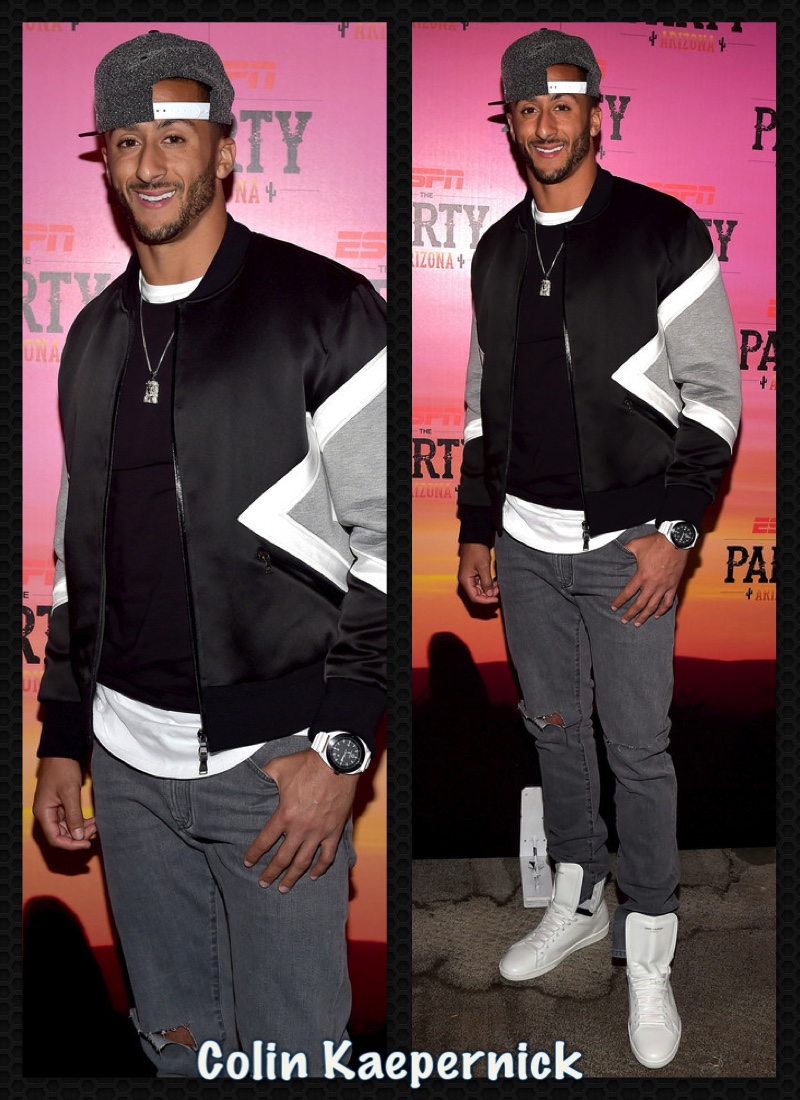Colin Kaepernick attends the ESPN party in a Neil Barrett bomber jacket and Saint Laurent sneakers. 