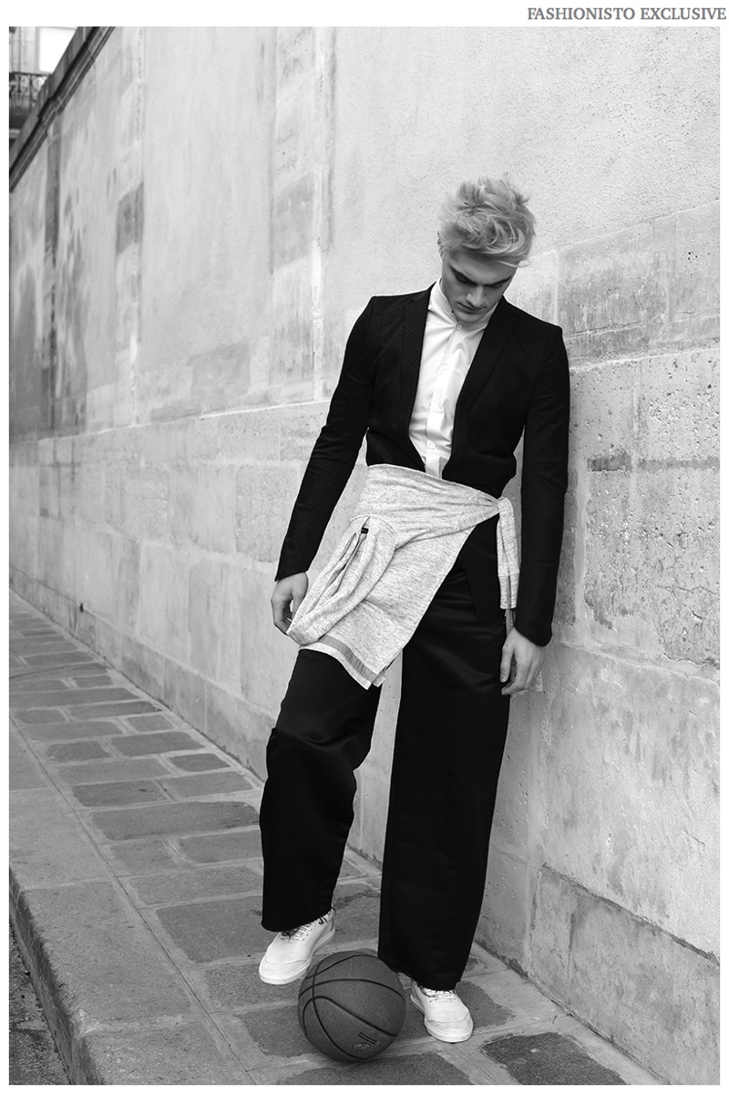 Jack wears jacket Julius, shirt Melinda Gloss, jumper tied around waist Roberto Collina, trainers House of Montague and trousers Nicomede Talavera.