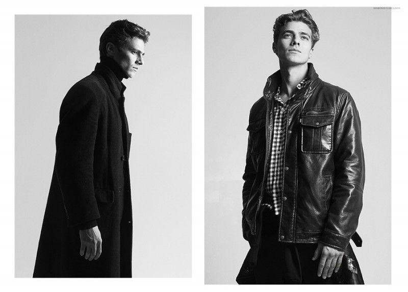 Left: Michael wears shoes Saint Laurent, vintage coat stylist's own, turtleneck and pants Calvin Klein. Right: Michael wears vintage leather jacket Levi's, top Steven Alan, windbreaker Zara, pants Calvin Klein and shoes Saint Laurent.