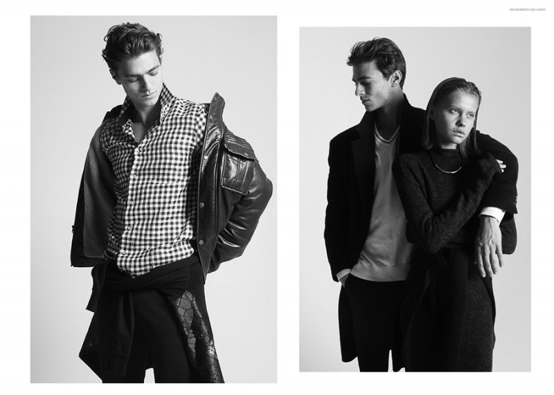 Left: Michael wears vintage leather jacket Levi's, top Steven Alan, windbreaker Zara, pants Calvin Klein and shoes Saint Laurent. Right: Left: Michael wears sweater Tommy Hilfiger, pants Calvin Klein and vintage coat stylist's own. Irina wears dress Zara, necklace Topshop, sweater Michael Kors and shoes ASOS.