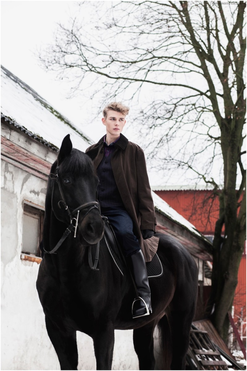 Ivan wears shirt Marc Jacobs, waistcoat Amanjeda, overcoat Armani, jeans Tommy Hilfiger and gloves Diesel.