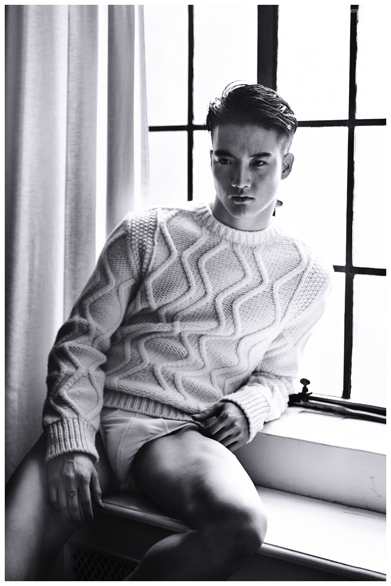 Yukihide wears knit Daks and underwear Calvin Klein.