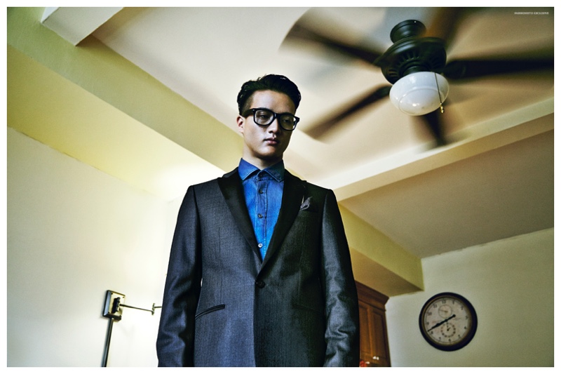 Yukihide wears jacket Calvin Klein, shirt Hugo Boss, pocket scarf Lanvin and glasses stylist's own.