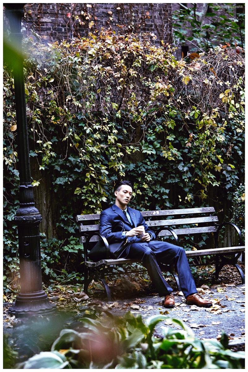 Yukihide wears suit Michael Kors, shirt Marc by Marc Jacobs, shoes Clarks, tie and bag stylist's own.