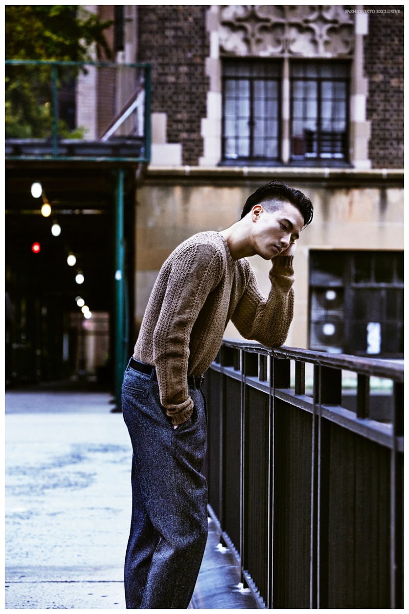 Yukihide wears knit Marc Jacobs, trousers Gucci and belt Calvin Klein.