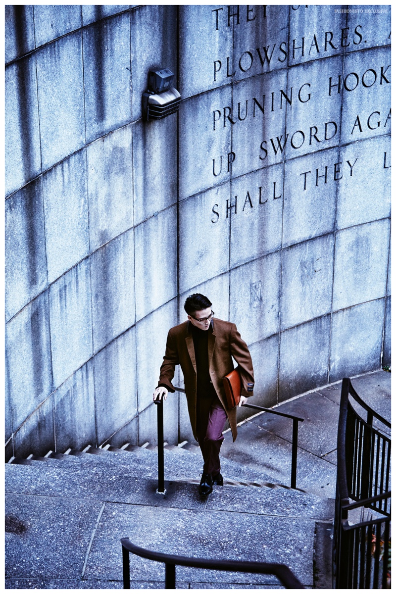 Yukihide wears coat Hart Schaffer Marx, top Robert Collina, trousers Valentino, shoes Calvin Klein, bag and glasses stylist's own.