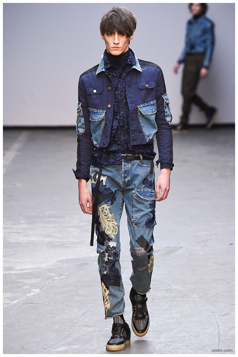James Long Fall-Winter 2015 Menswear Collection. One of the highlights of London Collections: Men, designer James Long brought a casual attitude to the plate for fall. Mixing fabrics and colors, Long remixed the elements of the denim jacket for a youthful undertaking.