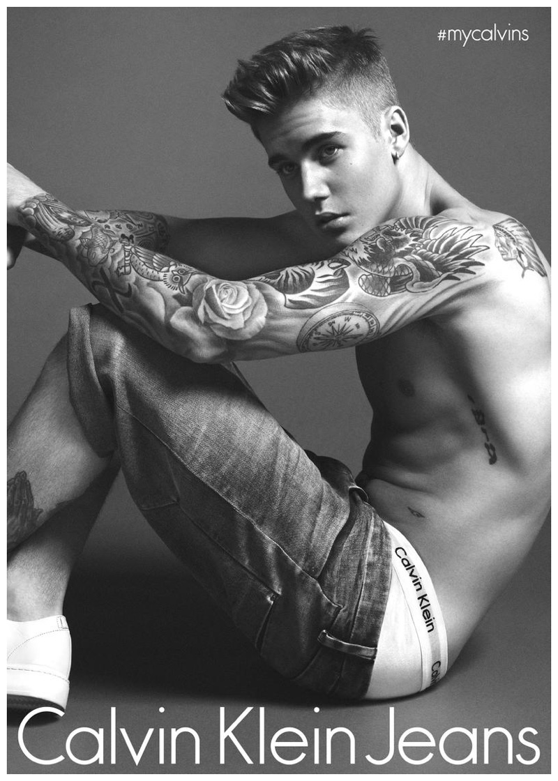 Justin Bieber manages to expose his Calvin Klein underwear in his campaign for Calvin Klein Jeans.
