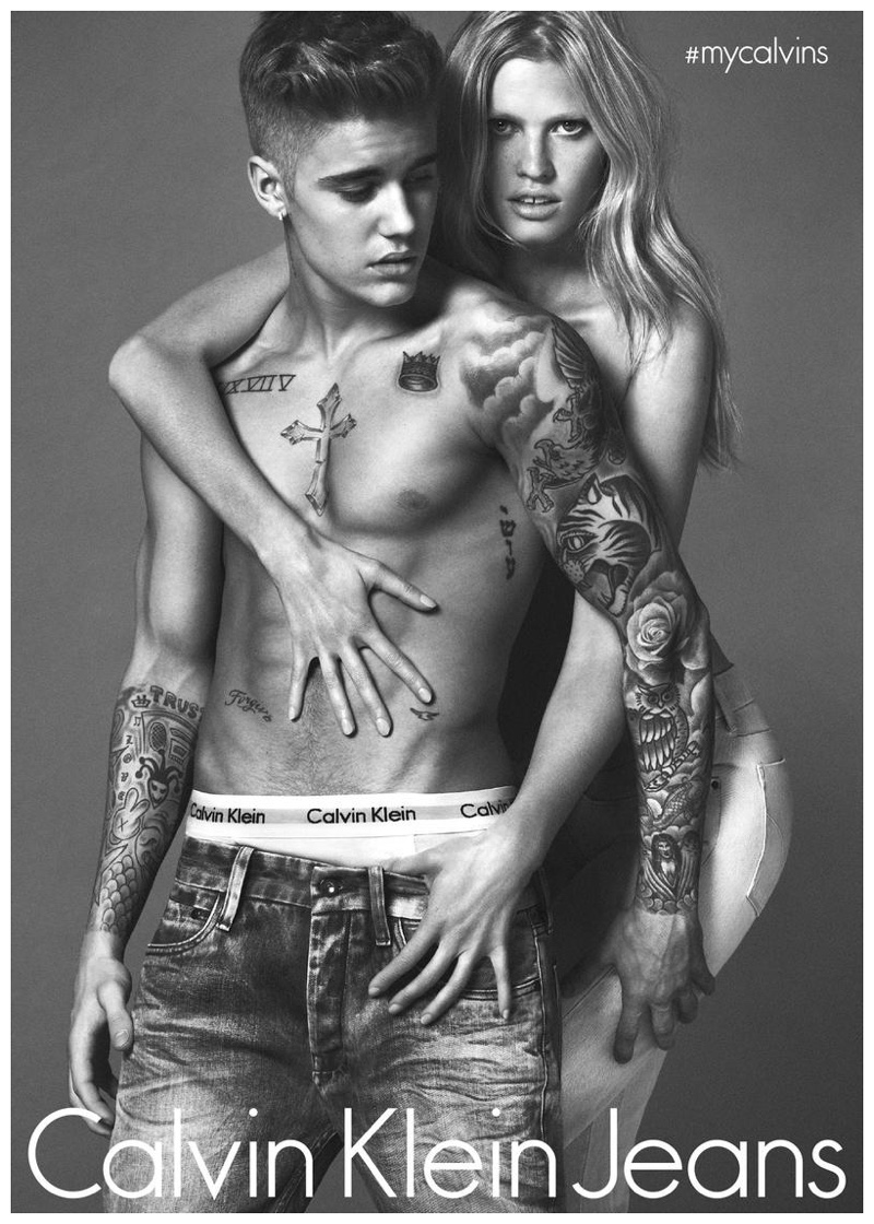 Justin Bieber poses with Lara Stone for Calvin Klein Jeans' spring-summer 2015 advertising campaign.