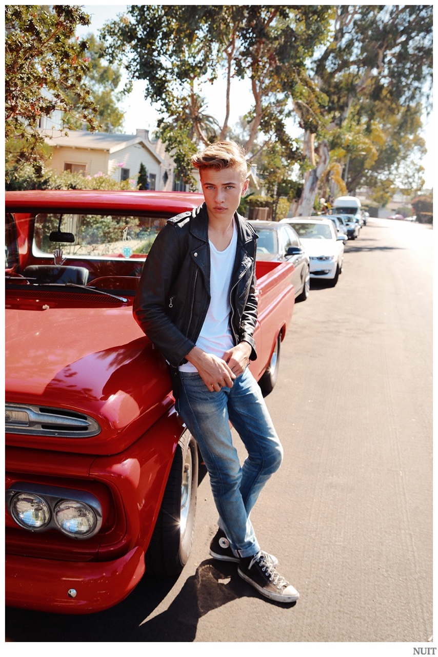 Lucky Blue Channels 1950s Style in Denim & Leather Biker Jacket for Nuit Shoot