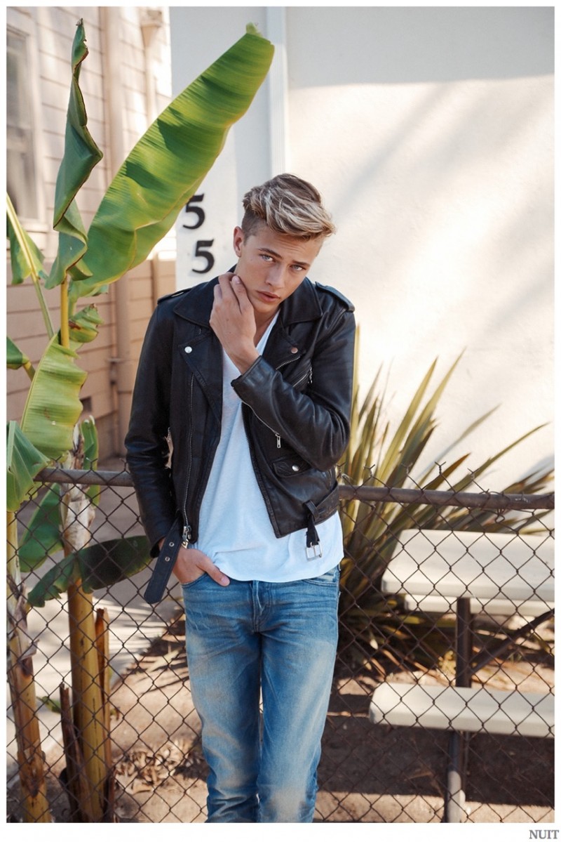 Lucky Blue Channels 1950s Style in Denim & Leather Biker Jacket for ...