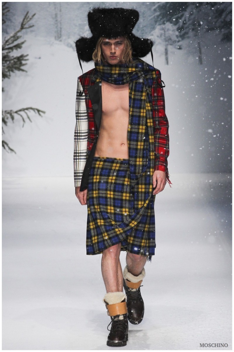 Moschino Fall/Winter 2015: Moschino creative director Jeremy Scott looks to tartan for a playful take on the season. Now the questions is, to kilt or not to kilt?