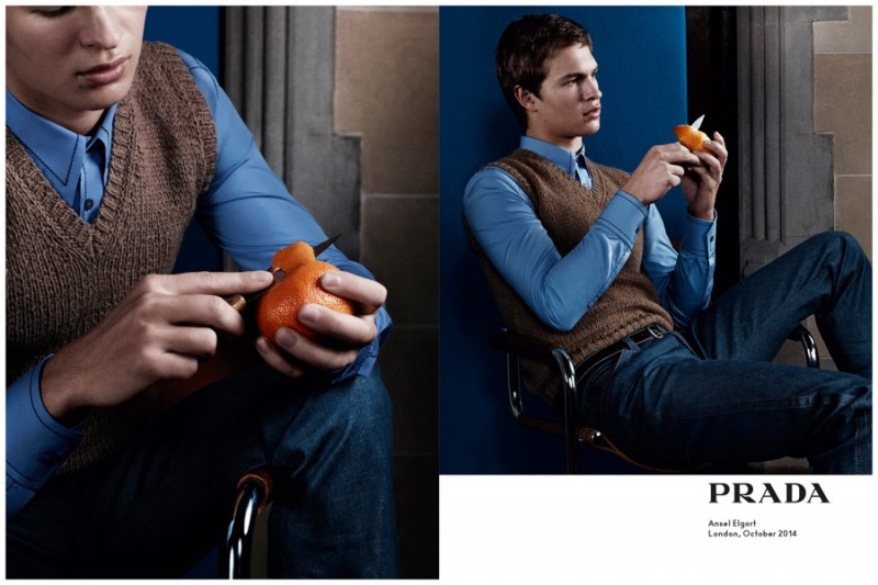 Prada Spring/Summer 2015: Prada revisits denim jeans with a precise, tailored cut that is truthfully inspiring. Actor Ansel Elgort models a pair in the fashion house's spring-summer 2015 advertising campaign.