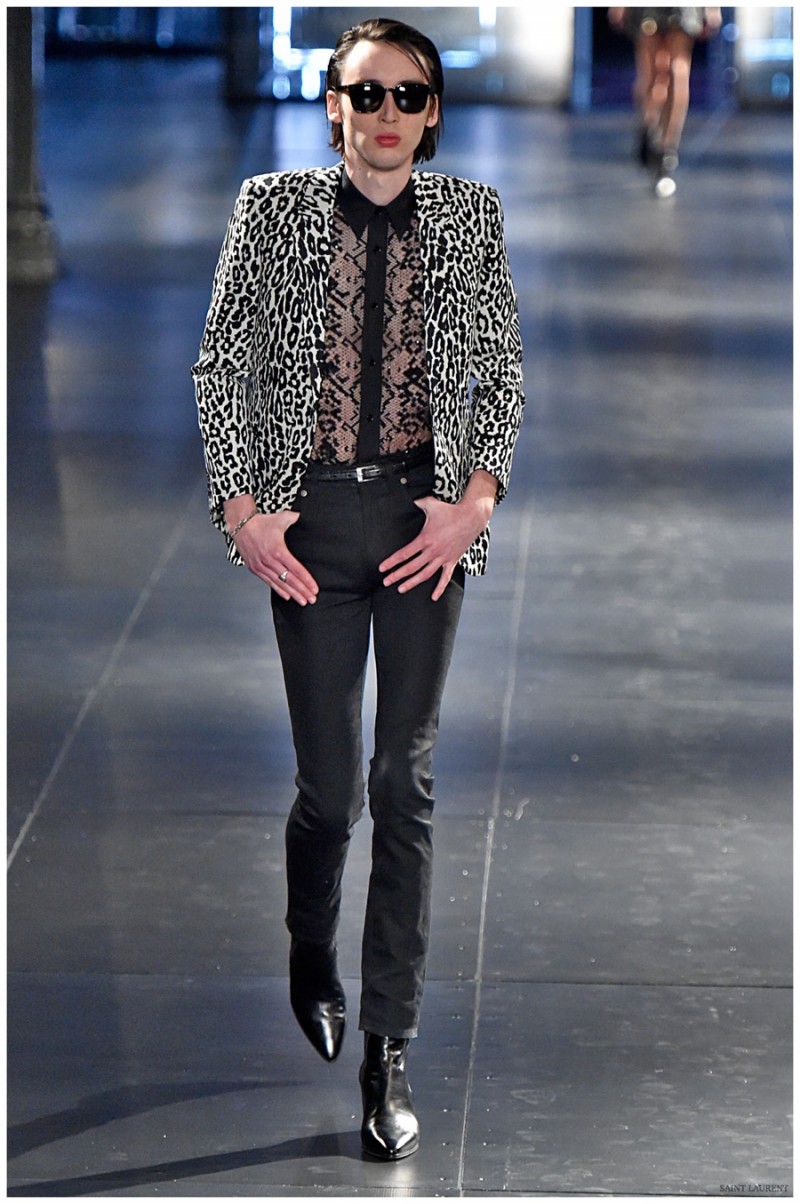 Saint Laurent Fall-Winter 2015 Menswear Collection. Saint Laurent creative director has successfully rebranded the fashion brand as the go-to for a rocker chic look. A design constant for the Saint Laurent man is animal prints and Slimane's fall collection didn't disappoint.