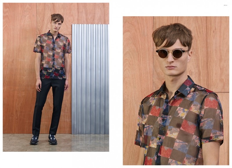 Left RAF SIMONS Sheer Floral Shirt RAF SIMONS Five-Button Fly Trouser LANVIN Mesh Sport Sneakers Right THIERRY LASRY Gold-Framed Sunglasses RAF SIMONS Sheer Floral Shirt