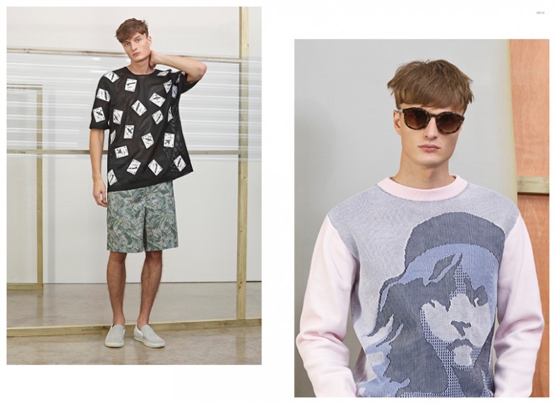 Left CHRISTOPHER RAEBURN Card Motif Sweatshirt CHRISTOPHER RAEBURN Floral Print Shorts LANVIN Suede Slip-On Sneakers Right THIERRY LASRY Rounded Acetate Sunglasses KENZO Les Miserables Jumper