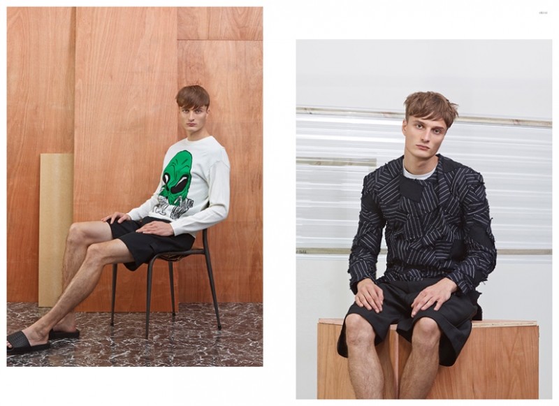 Left GOSHA RUBCHINSKIY Alien Print Jumper GOSHA RUBCHINSKIY Black Shorts ADIDAS ORIGINALS X RAF SIMONS Adilette Slides Right MATTHEW MILLER Patchwork Top ACNE Ryder Bermuda Shorts