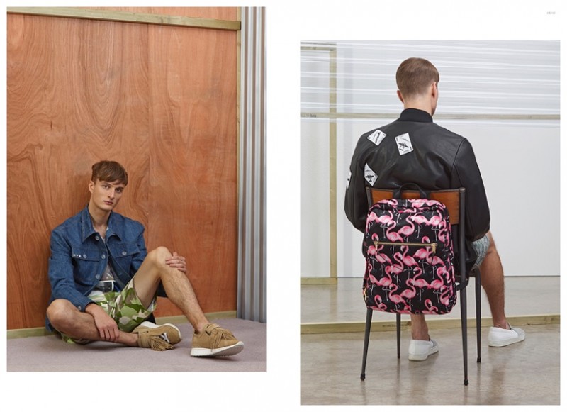 Left GOSHA RUBCHINSKIY Patchwork Denim Jacket RAF SIMONS Collage Printed Sweatshirt GOSHA RUBCHINSKIY Cotton Drill Shorts BUNNEY x OKI-NI Sterling Silver Studs PIERRE HARDY Macadam Sneakers Right MARC JACOBS Flamingo Print Backpack CHRISTOPHER RAEBURN Card Motif Leather Bomber CHRISTOPHER RAEBURN Floral Print Shorts LAVIN Suede Slip-On Sneakers