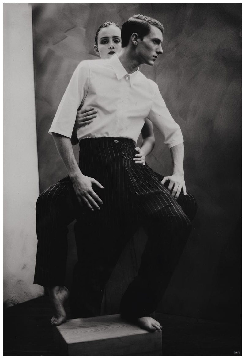 Tommaso de Benedictis models a white shirt with black trousers.