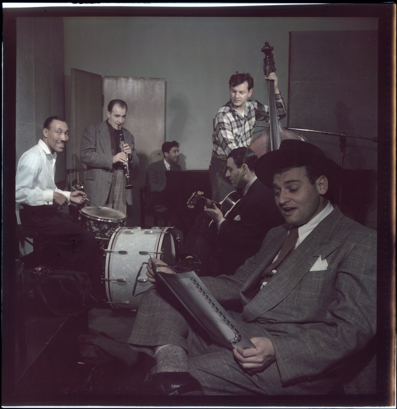 Jazz musicians Frankie Laine and Jimmy Crawford reflect the sartorial trends of the forties in this circa 1946-48 image.