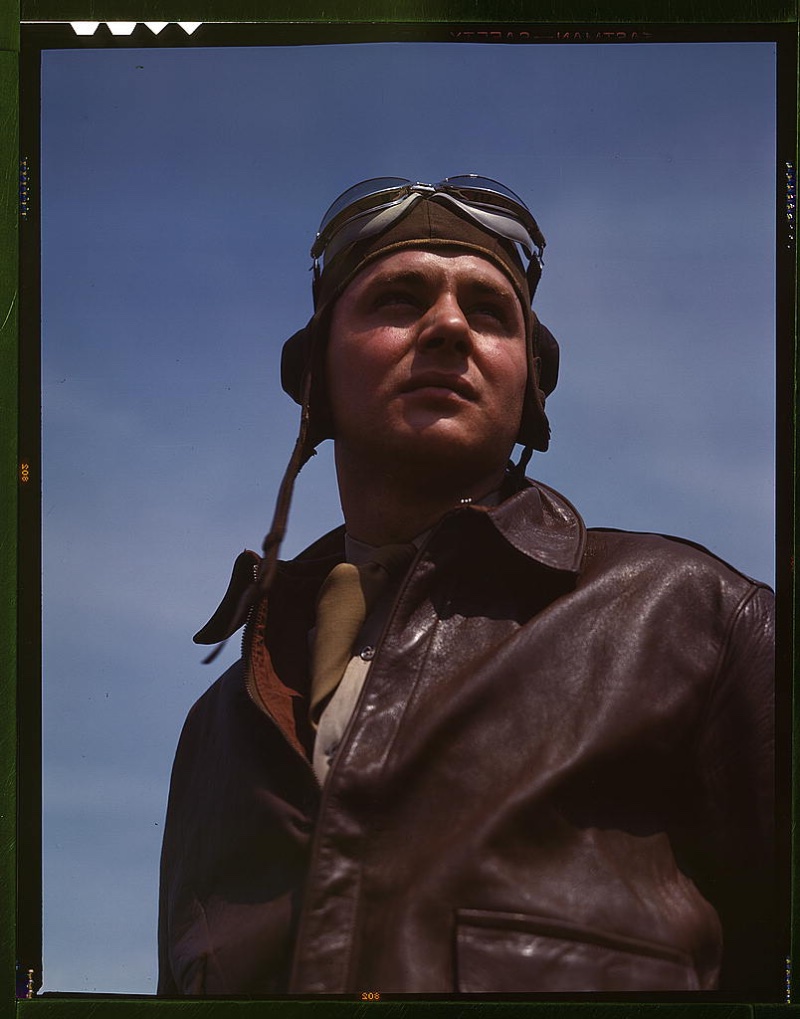 Bomber pilot in brown leather jacket circa 1942.