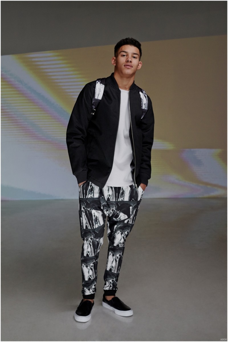 ASOS Black updates its collection of trendy men's pants, tops and jackets with a graphic black & white design motif.