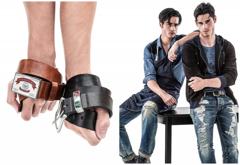 Armani Jeans highlights this season's leather belts and ripped denim jeans.