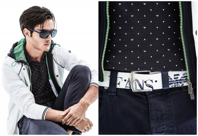 The Armani logo is alternated with polka dots for an interesting print.