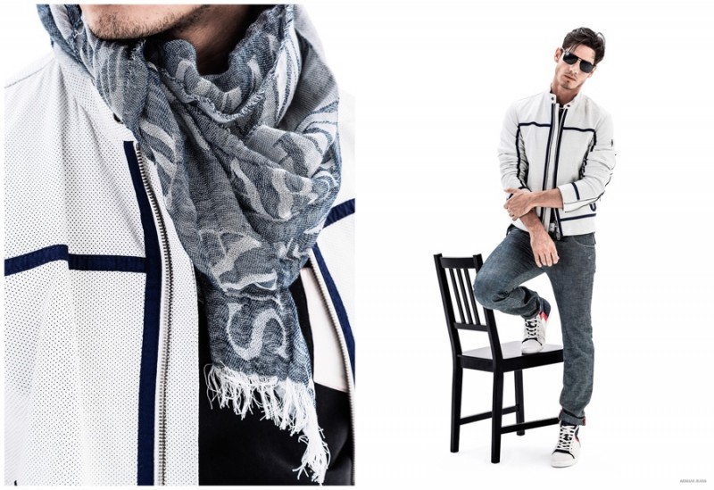 Armani Jeans replicates a mesh look for a sharp sporty jacket.