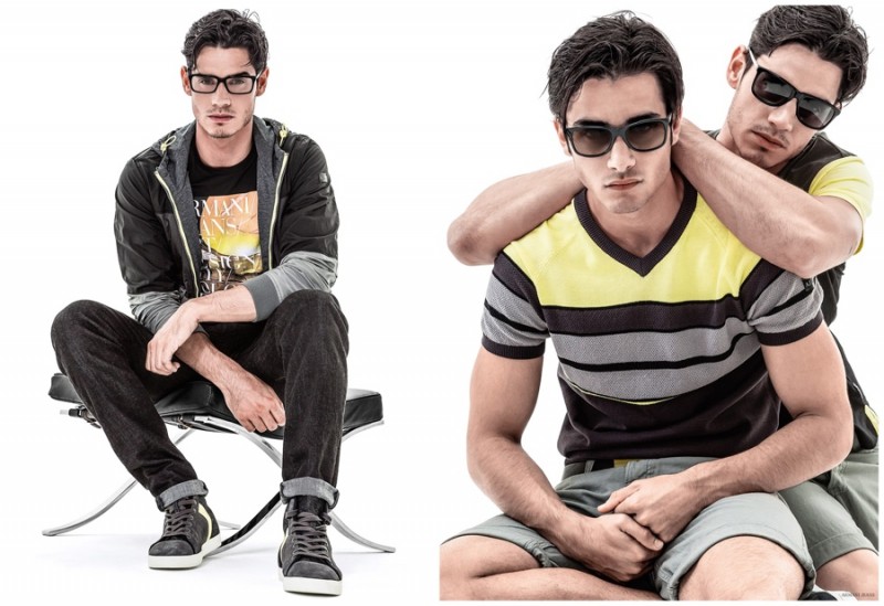 The v-neck shirt is color blocked with black, yellow and gray for a graphic look.