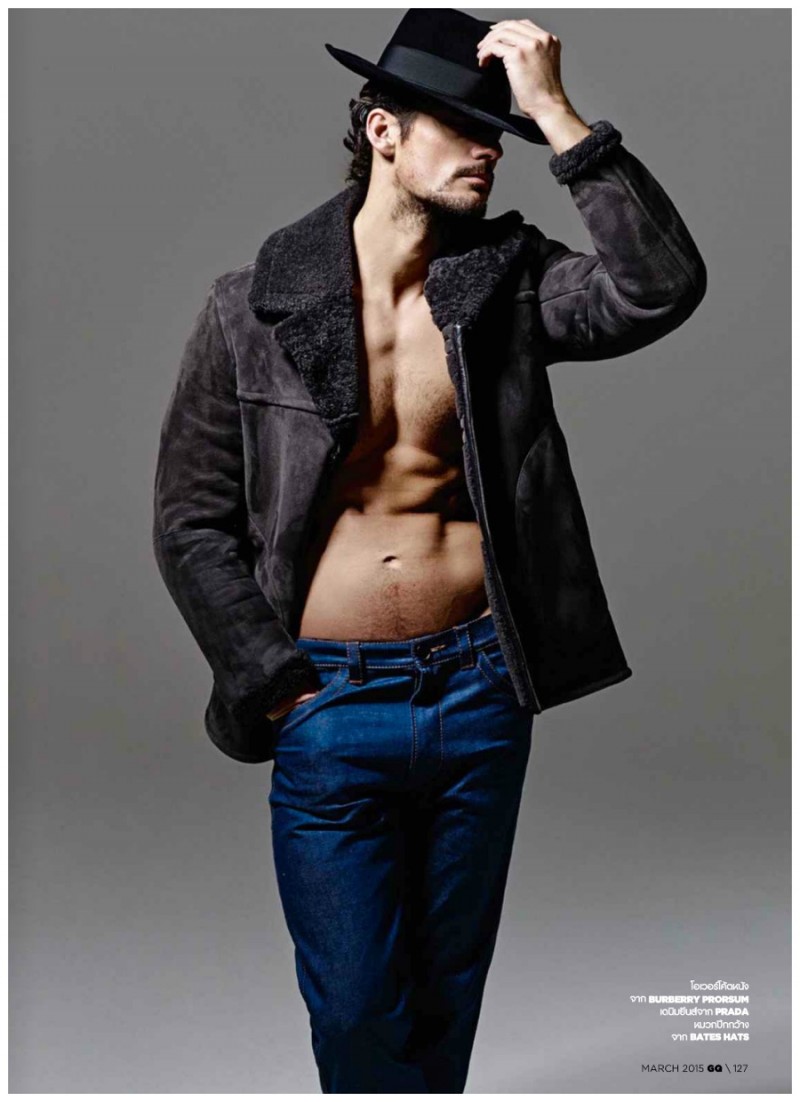 David Gandy is casual in Prada denim jeans.