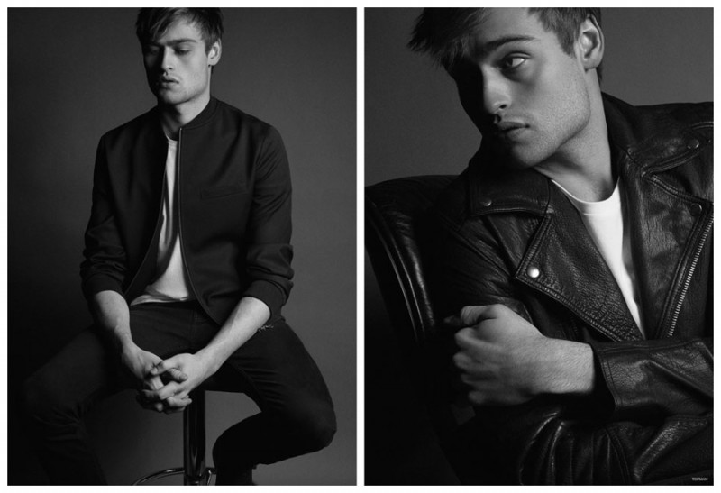 Douglas Booth poses for black & white images in basic fashions from Topman.