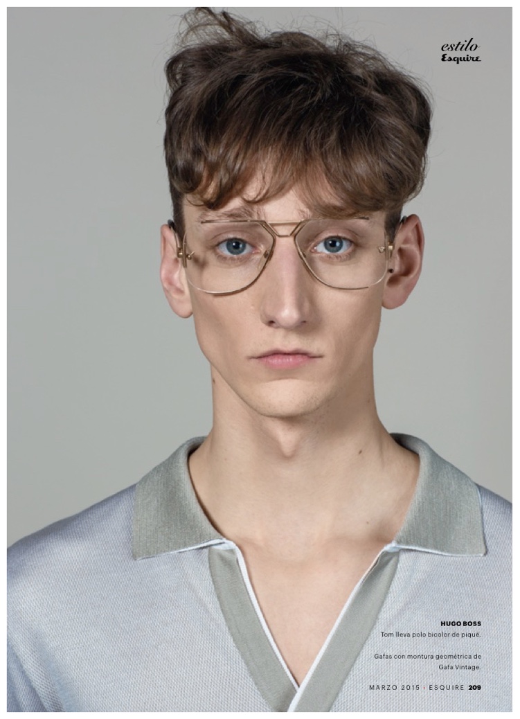 Embracing a vintage attitude in oversized eyewear, Tom Gaskin wears Hugo Boss.