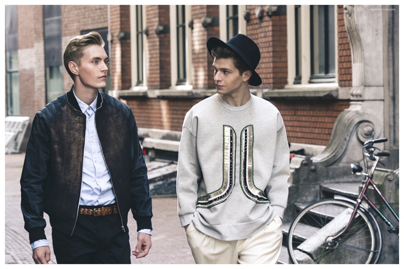 Jelmer wears jacket Jonathan Christopher Homme, shirt Velour, belt and jeans Marc O’Polo. Casper wears hat vintage, sweater Wesc and pants Francisco van Benthum.