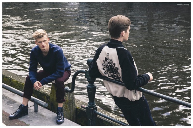 Davey wears sweater HUGO, jeans HOPE and sneaker Diesel. Casper wears jacket Jonathan Christopher Homme, shirt Karl Lagerfeld and jeans Element.