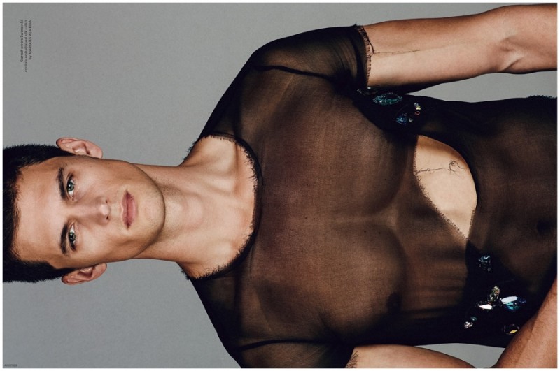 Garrett Neff wears a sheer frayed t-shirt from Marques Almeida.