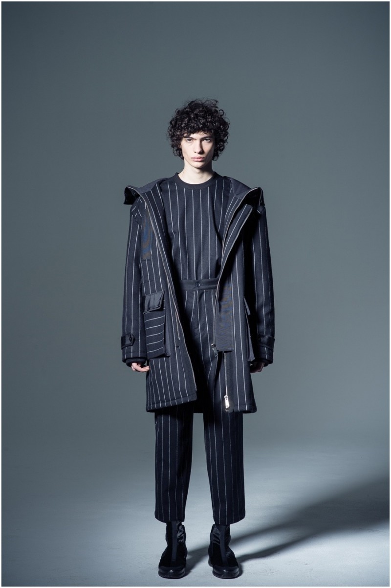 General Idea revisits pinstripes with a large graphic print dressing sporty separates. General Idea Fall/Winter 2015 Menswear Collection.
