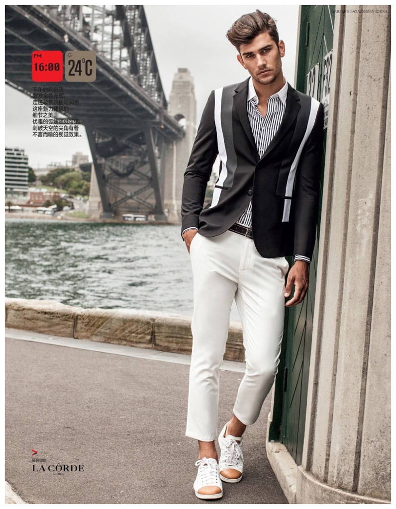 Jack Vanderhart shows how to pull off white pants for the season by bringing lightness into his jacket.