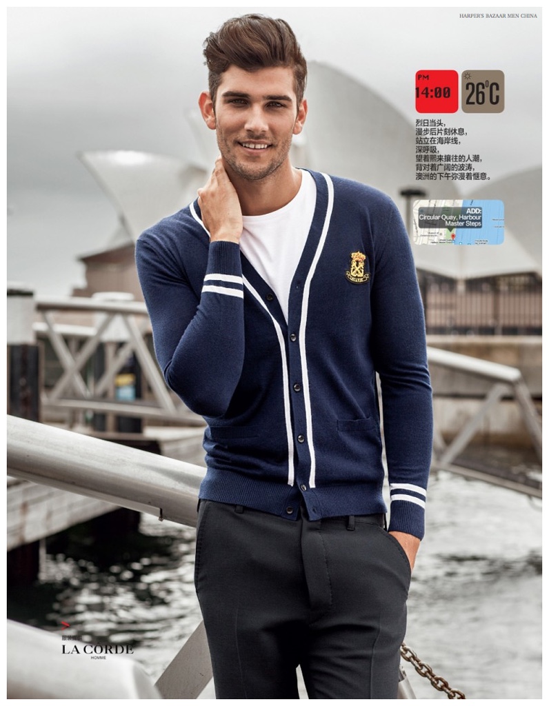 Keeping it simple, Jack Vanderhart sports a navy cardigan outlined in white.