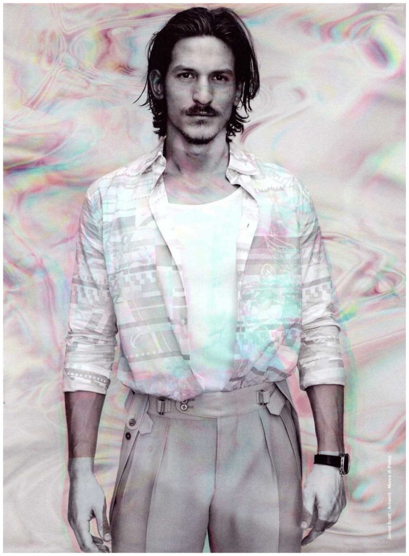 Jarrod Scott is chic in a printed shirt with high waist trousers.