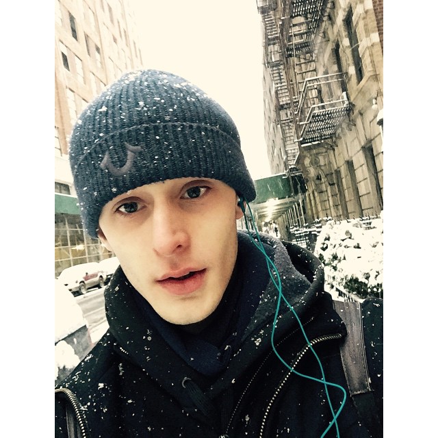 Jeremy Matos navigates the New York snow during fashion week.