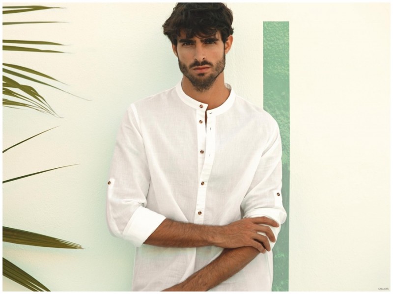 Juan Betancourt stars in quite the spring outing for Calliope. A casual, chic vision, Juan models a white mandarin collar shirt.