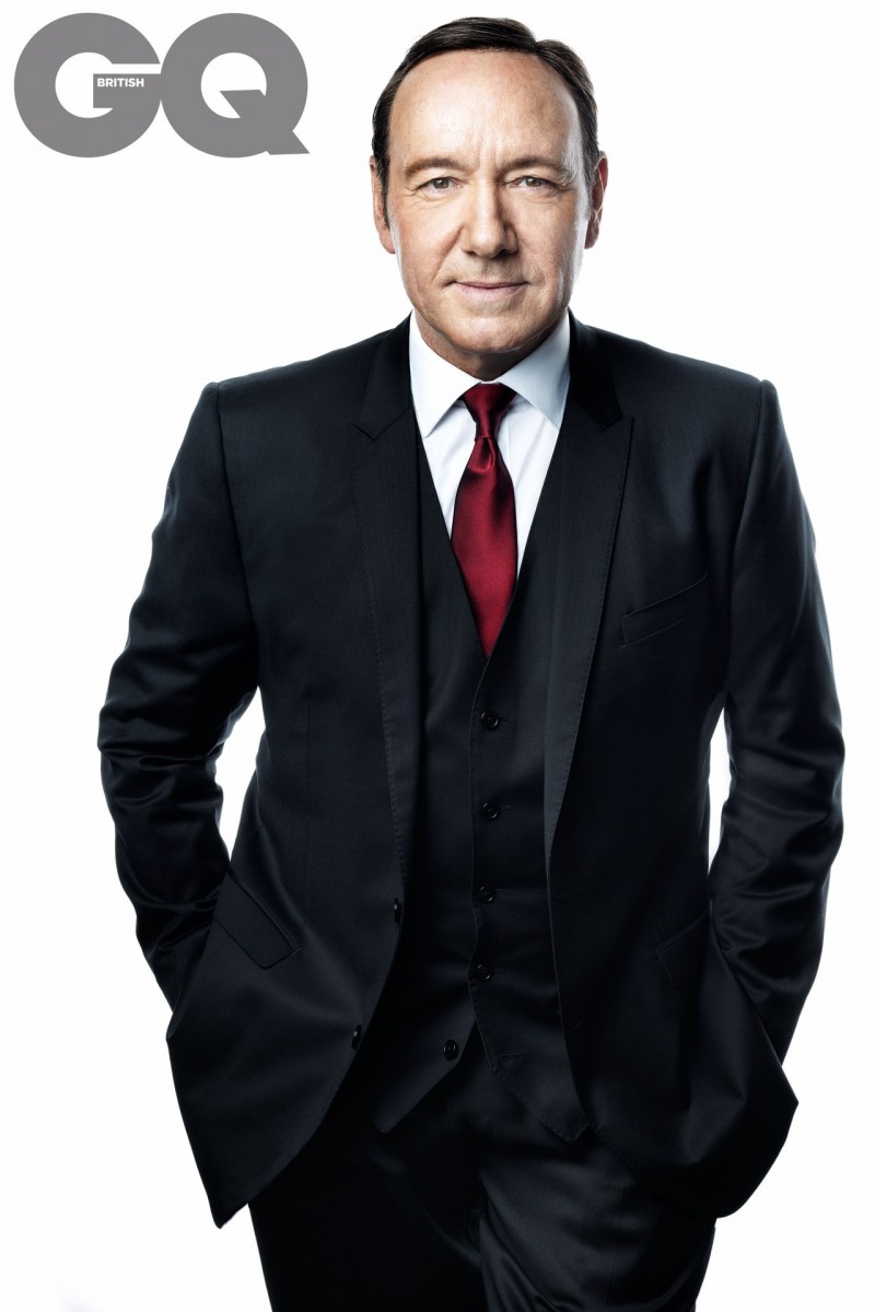 Kevin Spacey puts on his best political face while posing in a three-piece suit.